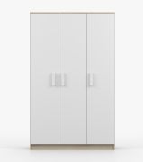 Penderie / Armoire à portes battantes / Tringle à vêtements / 192 x 120 x 50 cm / Smolikas 108 / 9 compartiments / Poignées rondes en bois / Blanc / Chêne de Sonoma / 3 portes