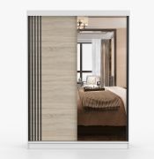 Armoire penderie coulissante Bucegi 36 | Chêne Sonoma / Blanc | Miroir | 2 portes | 200 x 150 x 61 cm | 6 compartiments