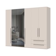 Armoire grand format avec deux portes miroir Neiafu 23, couleur : cachemire, deux tiroirs, système Soft-Close, dimensions : 224 x 272 x 56 cm, trois tringles à vêtements