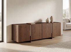 Meuble TV | Couleur : Tabacco | 4 portes | Bois massif | Chêne huilé | Pierre de travertin | 180 x 46 x 56 cm | 6 compartiments | Style sobre