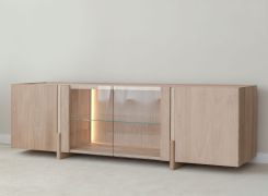 Meuble TV / Couleur : chêne naturel / Bois massif / Chêne huilé / Pierre de travertin / 180 x 46 x 56 cm / Panneau arrière : HDF / Éclairage LED inclus