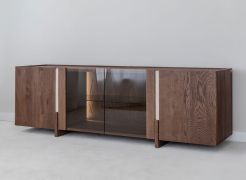 Meuble TV / Couleur : Tabacco / 4 portes / Bois massif / Chêne huilé / Pierre de travertin / 180 x 46 x 56 cm / 6 compartiments / Éclairage LED inclus