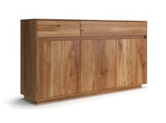 Commode / Bois massif / Chêne huilé / 3 portes / Système « push-to-open » / 2 tiroirs / Système de fermeture Soft-Close / 154 x 40 x 85 cm / 4 compartiments