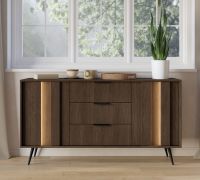 Commode / Couleur : Chêne Dunin / 3 tiroirs / Éclairage LED inclus / 154 x 40 x 83 cm / 2 portes / Fonction soft-close / 4 compartiments / Buffet / Pieds métalliques fins