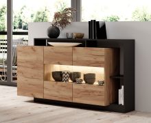 Commode / Couleur : Chêne Gold Craft / Anthracite / 2 portes vitrées / 1 porte en bois / 155 x 44 x 94 cm / 5 compartiments / Buffet / Système sans poignées / Chants ABS