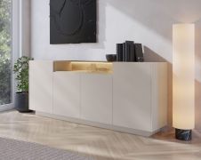 Commode / Couleur : Beige / Chêne Cremona / 4 portes battantes / Éclairage LED inclus / 9 compartiments / 203 x 40 x 83 cm / Fonction Push-to-open / Buffet / Chants ABS