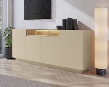 Commode / Couleur : Cacao / Chêne crémone / 4 portes battantes / Éclairage LED inclus / 9 compartiments / 203 x 40 x 83 cm / Fonction push-to-open / Buffet / Chants ABS