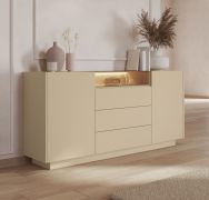 Commode / Couleur : Cacao / Chêne crémone / 2 portes battantes / Éclairage LED inclus / 5 compartiments / 176 x 40 x 83 cm / Fonction push-to-open / Buffet / 3 tiroirs