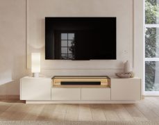 Meuble bas TV / Couleur : Beige / Chêne Cremona / 2 portes battantes / Éclairage LED inclus / 3 compartiments / 203 x 40 x 43 cm / Fonction Push-to-open / Tableau TV / 2 tiroirs