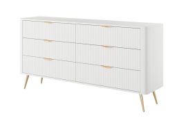 Commode / 6 tiroirs / Blanc / Dimensions : 81 x 163 x 38 cm / Buffet allongé / Poignées et pieds : Métal / Design moderne à lamelles / Pour le salon