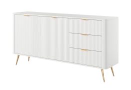 Commode / Buffet long / Blanc / 3 tiroirs / 4 compartiments / Dimensions : 81 x 163 x 38 cm / Poignées et pieds : Métal / 2 portes / Motif à lamelles