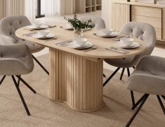 Table de salle à manger à ralonge / Couleur : Chêne Crémone / Côtés arrondis / 180-220 x 90 x 76 cm / Extension synchrone / Chants ABS / Pour salle à manger