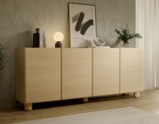 Commode / 4 portes / Couleur : Chêne Vicenza / 8 compartiments / Fonction push-to-open / 200 x 38 x 80 cm / Buffet / Chants ABS / Pieds en bois / Lignes douces