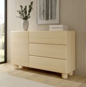 Commode / 1 porte / 3 tiroirs / Couleur : Chêne Vicenza / Fonction push-to-open / 130 x 38 x 80 cm / 2 compartiments / Chants ABS / Pieds en bois / Pour le salon