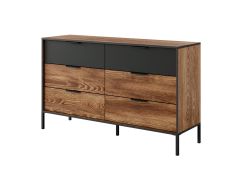 Commode à six tiroirs Jendouba 04 / Couleur : châtaignier / Anthracite / Pieds : Métal / Chants ABS / Dimensions : 81,5 x 137 x 39,5 cm / Fonction Soft-Close