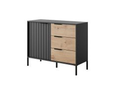 Commode étroite avec système Soft-Close Fouchana 11, Couleur : Noir / Chêne artisan - dimensions : 81 x 103 x 39,5 cm (h x l x p), avec trois tiroirs