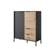 Commode moderne au design épuré Fouchana 08, Couleur : Noir / Chêne artisan - dimensions : 123 x 103 x 39,5 cm (h x l x p), avec système de fermeture Soft-Close