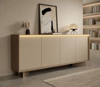 Commode / Couleur : Bolivar Naturel / Cappuccino / 3 portes battantes / 8 compartiments / Fonction push-to-open / Éclairage LED inclus / 204 x 40 x 85 cm / Buffet