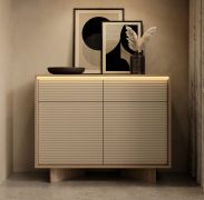 Commode / Couleur : Bolivar Naturel / Cappuccino / 2 portes battantes / 4 compartiments / 2 tiroirs / Fonction push-to-open / Éclairage LED inclus / 104 x 40 x 85 cm