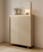 Commode / Couleur : Bolivar Naturel / Cappuccino / 2 portes battantes / 6 compartiments / Fonction push-to-open / Éclairage LED inclus / 104 x 40 x 139 cm / Commode
