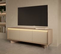 Meuble bas TV / Couleur : Bolivar Naturel / Cappuccino / 3 portes battantes / 3 compartiments / Fonction push-to-open / Éclairage LED inclus / 154 x 40 x 55 cm / Tableau TV