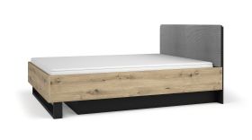 Lit double Galatsi 06 | 160 x 200 cm | Tête de lit capitonnée | Noir & chêne artisan | Sommier relevable