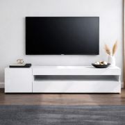 Meuble TV Silvado 1 / Blanc brillant / 155 x 40 x 45 cm / Grand compartiment à bascule à 2 étagères / Design sans poignées / Robuste et durable / Entièrement laqué