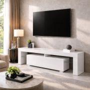 Meuble TV Zolvini / Blanc brillant / 140 x 35 x 47,5 cm / Grand compartiment à bascule / Système « Push to Open » / Robuste et durable / Entièrement laqué