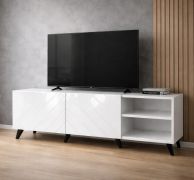 Meuble TV Zolvane 1.5 / Blanc brillant / 150 x 42 x 53,5 cm / 6 compartiments / 2 portes / Design sans poignées / Face décorative à motifs géométriques