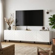 Meuble TV Zolvane 2.0 / Blanc brillant / 200 x 42 x 53,5 cm / 8 compartiments / 4 portes / Design sans poignées / Face décorative à motifs géométriques