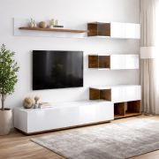 Meuble mural Mondura / Structure « Sea Wood Vintage » avec façades blanches brillantes UV / 240 x 40 x 150 cm / Ouverture par pression