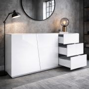 Commode / Buffet Beldran / Finition laquée blanche brillante UV / Système « Push to Open » / 3 tiroirs / 2 portes / 2 compartiments / 180 x 43 x 87 cm