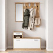 Ensemble complet de rangement Kelvini / Couleur : Sonoma / Blanc / Armoire à chaussures avec 3 compartiments et un tiroir / Portemanteau avec miroir / 6 crochets / Nombreuses surfaces de rangement