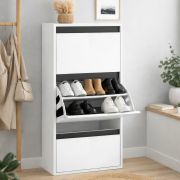 Armoire à chaussures Palvudo / Couleur : Blanc brillant / Noir / 3 compartiments à clapet / Un véritable gain de place / Grand espace de rangement / Lignes décoratives noires / 50 x 27 x 126 cm