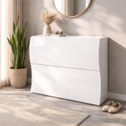 Armoire à chaussures Vela Nova 2 / Couleur : Blanc brillant / 2 compartiments à clapet spacieux / Design « Wave » / Stable et facile d'entretien / 60-74 x 27 x 81 cm
