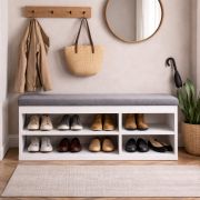 Banc avec rangement / Meuble à chaussures 100 / Couleur : Nimfea alba / 4 compartiments / Revêtement en tissu gris moelleux / 100 x 32 x 48,6 cm / Banc rabattable