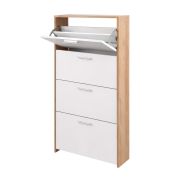 Armoire à chaussures Belvun 4 / Couleur : Chêne artisan/Blanc mat / 4 compartiments à clapet / un grand espace de rangement sur un faible encombrement / 69 x 25 x 151 cm / Portemanteau / Entrée