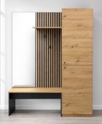 Ensemble complet de vestiaire Miavorla 1 / Couleur : Chêne artisan/Noir / Banc / Grand miroir / 150 x 40 x 198,5 cm / Armoire à 4 compartiments