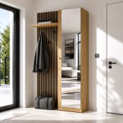 Ensemble complet de vestiaire Miavorla 2 / Couleur : Chêne artisan/Noir / Tablette / 3 crochets / Grand miroir / 100 x 40 x 198,5 cm / Armoire à 4 compartiments