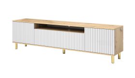 Meuble TV Cienequillas 04 | Chêne Artisan & Blanc | Pieds dorés | Façade rainurée | 54 x 200 x 40 cm