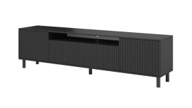 Meuble TV Cienequillas 11 noir | Façade rainurée | Pieds noirs | Push-to-open | Design élégant | 200 cm