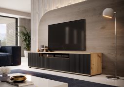 Meuble TV élégant avec façade striée Cienequillas 03, Couleur : Chêne Artisan / Noir, avec pieds bas, dimensions : 42 x 200 x 40 cm, design moderne et simple