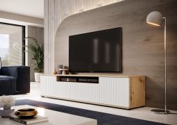 Meuble bas TV avec façade striée Cienequillas 06, Couleur : Chêne Artisan / Blanc, Fonction Push-to-open, Dimensions : 42 x 200 x 40 cm, Un trou pour le câble, Quatre compartiments