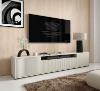 Meuble bas TV / Cachemire / Fonction push-to-open / 2 portes battantes / 1 porte basculante / Dimensions : 200 x 40 x 42 cm / Pieds : Noir / 4 compartiments / Meuble TV