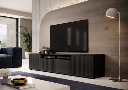 Meuble TV avec Fonction push-to-open Cienequillas 12, Couleur : Noir, façade : striée, dimensions : 42 x 200 x 40 cm, quatre compartiments, un trou de câble