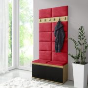 Meuble d’entrée 1 m avec banc rembourré | Chêne/Noir/Rouge | Armoire à chaussures 8 paires | 6 patères | 4 compartiments