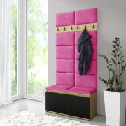 Armoire d’entrée avec banc rembourré et range-chaussures | Artisan/Noir/Rose | 215 x 100 x 40 cm | 8 paires | 6 patères | 4 compartiments