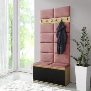 Penderie design avec assise rembourrée | Artisan/Noir/Misty Rose | 215x100x40 cm | 8 paires de chaussures | 6 patères | 4 compartiments