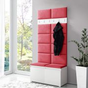 Penderie étroite avec banc rembourré | Blanc/Rouge | 215 x 100 x 40 cm | 8 paires de chaussures | 6 patères | 4 compartiments