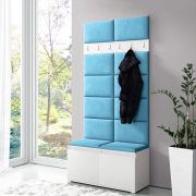 Penderie 1 mètre | Assise rembourrée turquoise | 8 paires de chaussures | 6 patères | 4 compartiments | Blanc/Turquoise